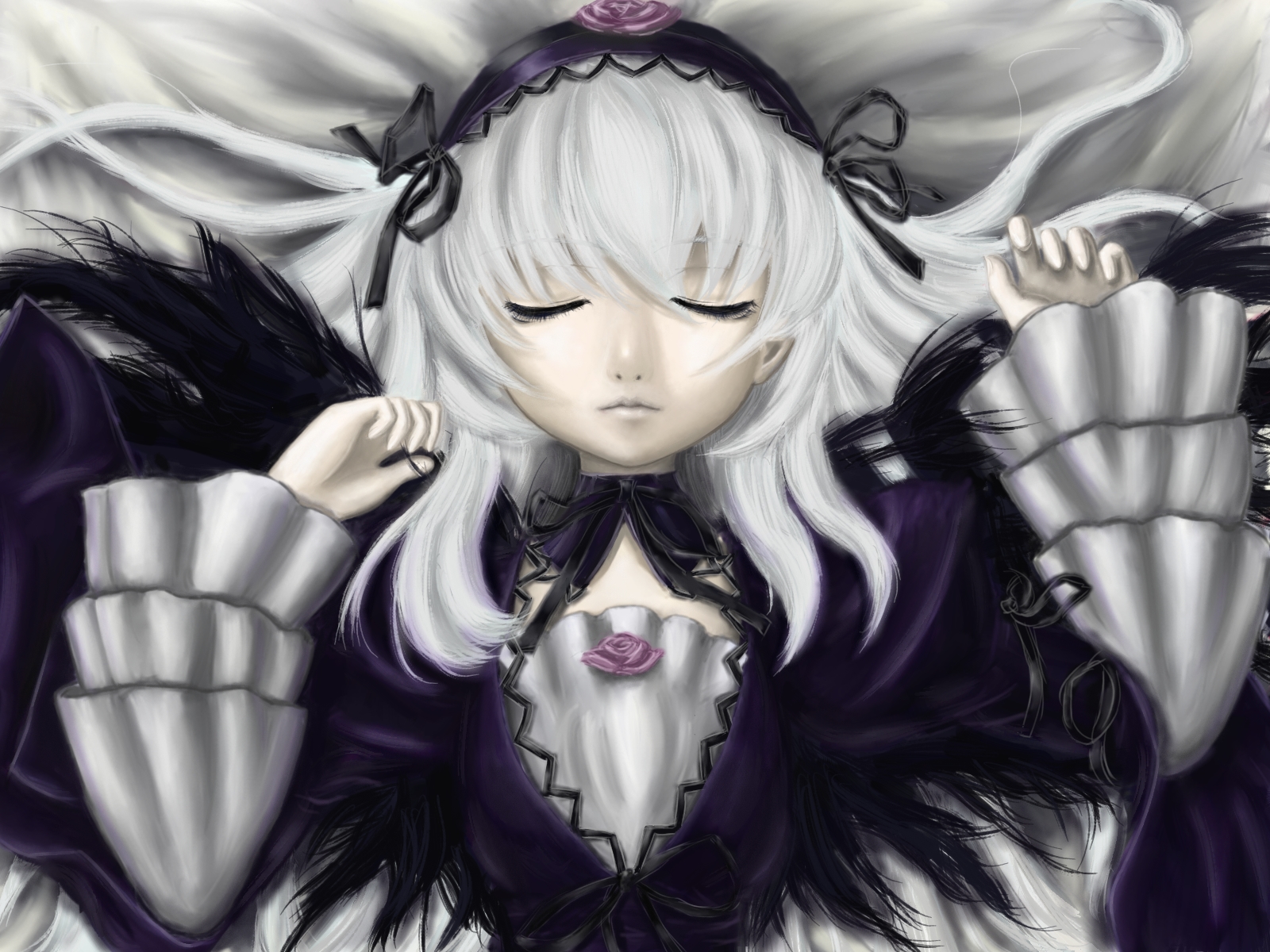 Suigintou, a character from Rozen Maiden, against a high-definition wallpaper background.