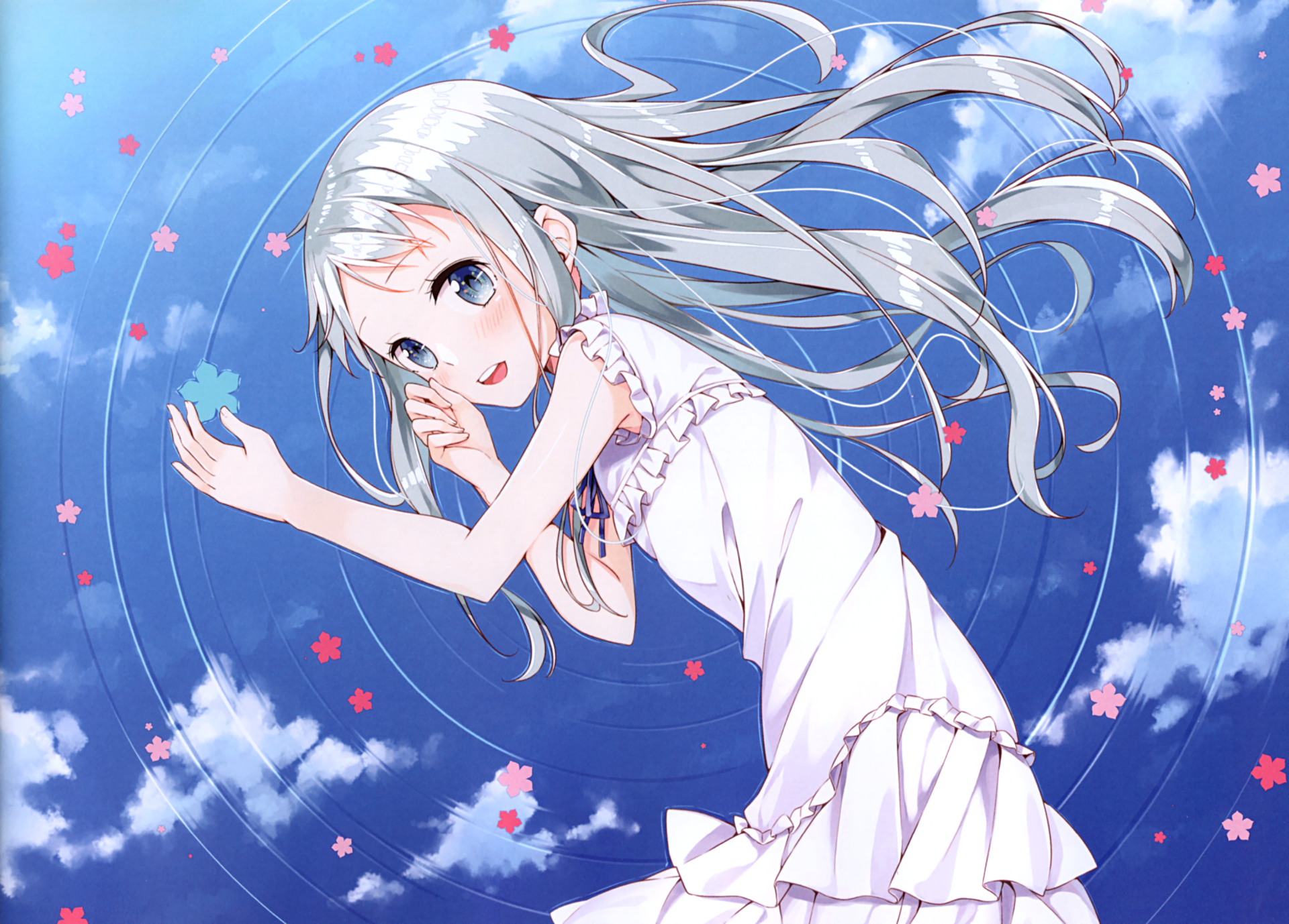 HD anime desktop wallpaper featuring Meiko Honma from Anohana, depicted with flowing white hair and a white dress against a vibrant blue sky with scattered pink petals.