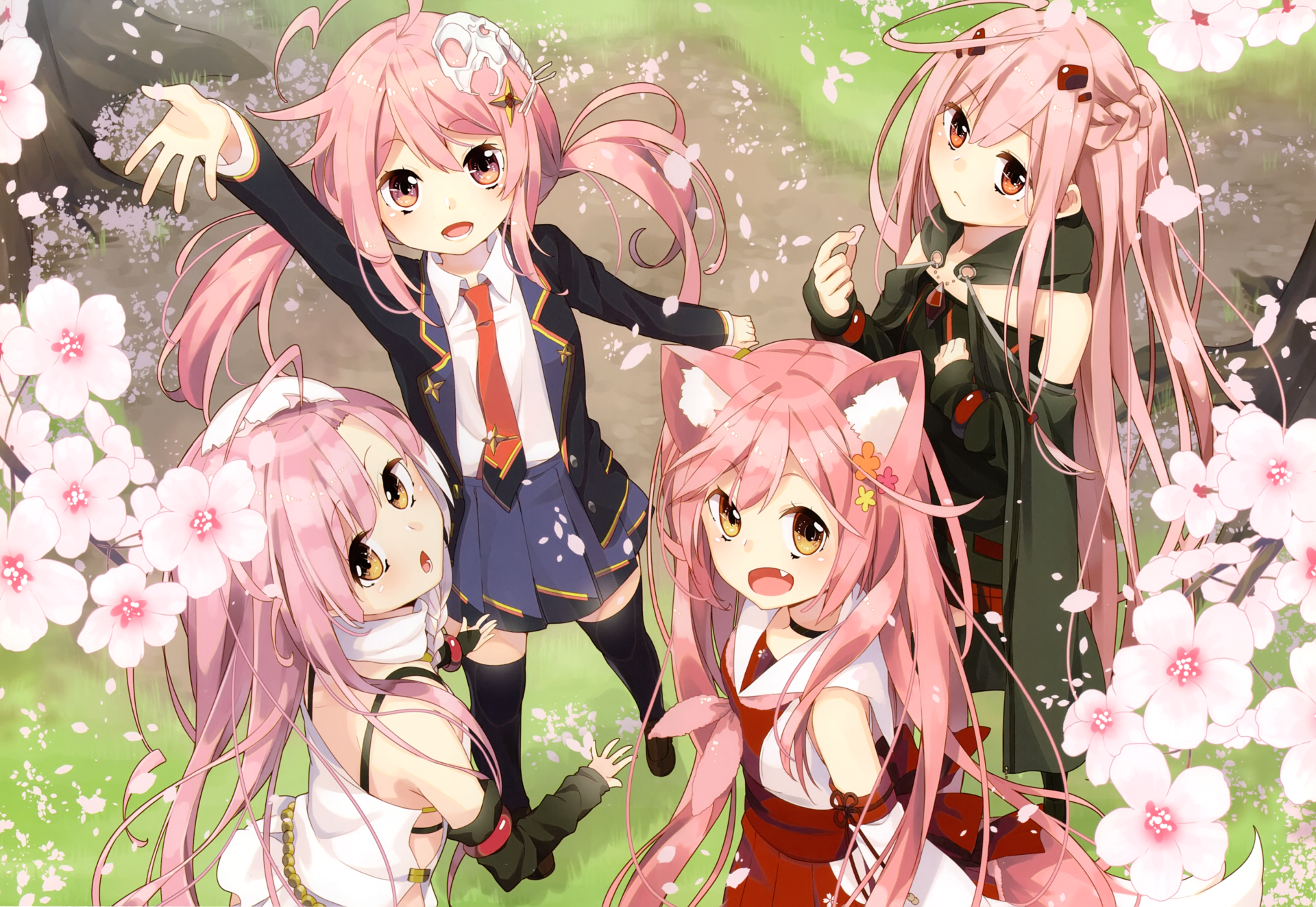 Anime-style 4K Ultra HD desktop wallpaper featuring four pink-haired cat girls surrounded by cherry blossoms in a vibrant, detailed background.