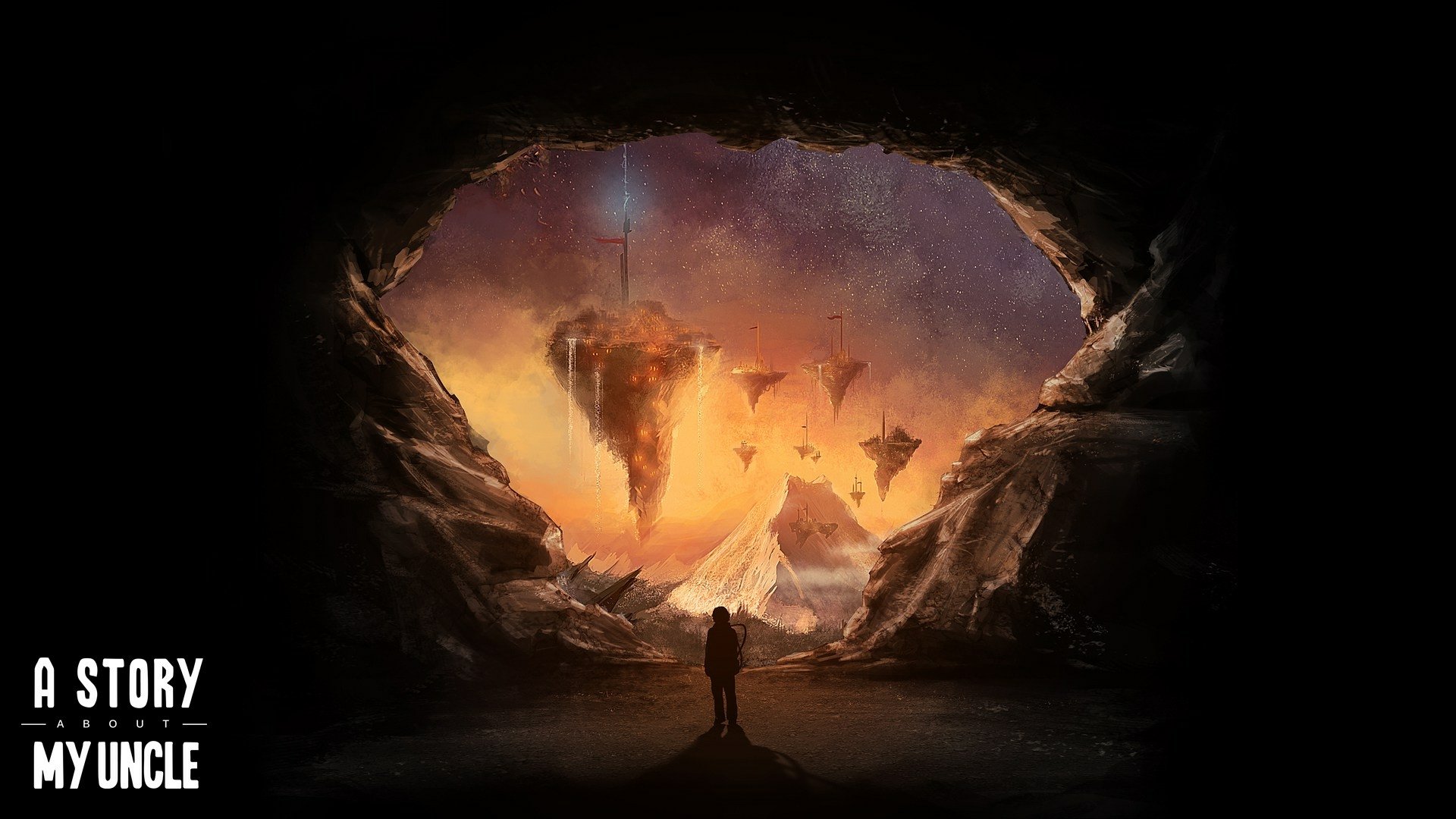 HD PC desktop wallpaper from the video game A Story About My Uncle, showing a silhouetted figure looking out from a cave at floating islands under a glowing sky.