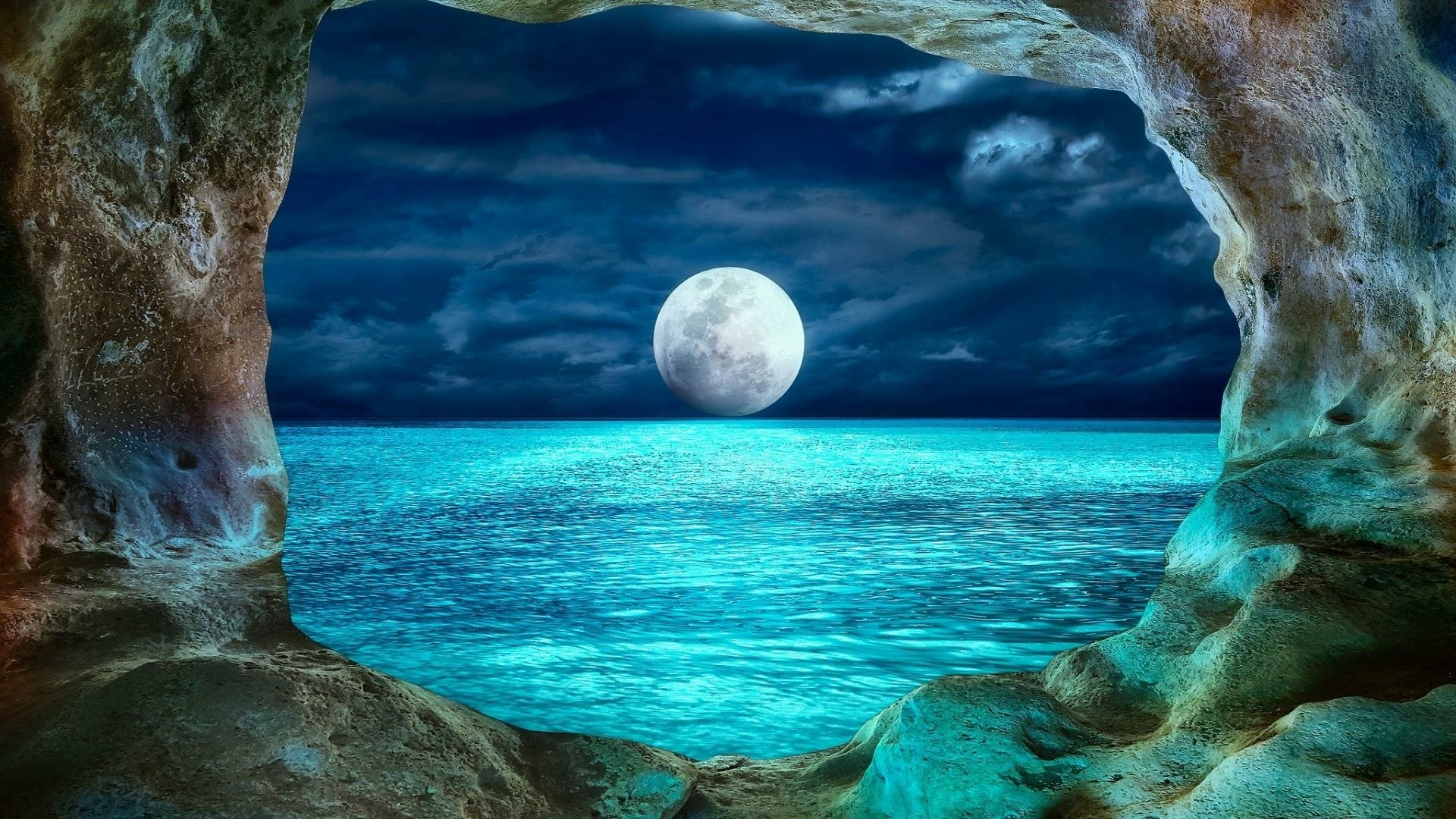 View Of Full Moon From Ocean Cave Hd Wallpaper Background Image