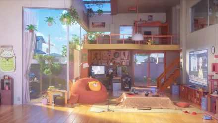 HD desktop wallpaper of a vibrant anime-styled living room with sunlight streaming in, featuring cozy furnishings and an open loft design.
