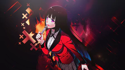 HD desktop wallpaper featuring Yumeko Jabami from the anime Kakegurui, depicted with a mysterious smile in a dynamic, red and black themed background.