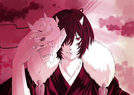 HD PC desktop wallpaper featuring Ōdanna from the anime Kakuriyo no Yadomeshi, showcasing his dark hair, horned appearance, and a dramatic red-hued background.