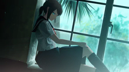 HD anime wallpaper featuring an original illustration of a schoolgirl sitting by a window, lost in thought, with a serene outdoor scene in the background.