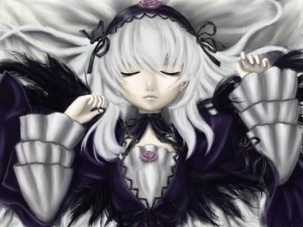 HD anime desktop wallpaper featuring Suigintou from Rozen Maiden with closed eyes, white hair, and detailed dark gothic attire.