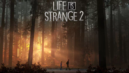 Life Is Strange 2 video game HD PC desktop wallpaper/background: two figures walk along a road through a misty, sunlit pine forest, cinematic and moody atmosphere.