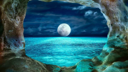 HD desktop wallpaper showing a full moon over a calm ocean as seen from inside a rocky cave at night, capturing the serene beauty of nature.