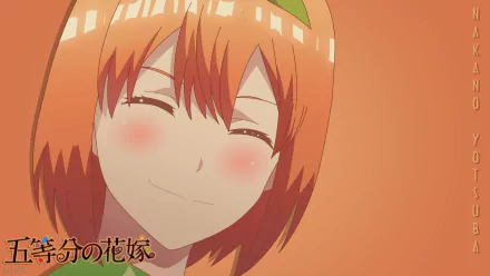 HD PC desktop wallpaper of Yotsuba Nakano from the anime The Quintessential Quintuplets, featuring a close-up of her smiling face with a warm, orange background.