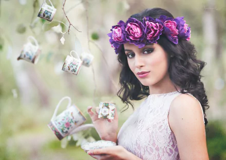 wreath black hair brown eyes cup brunette woman model HD Desktop Wallpaper | Background Image