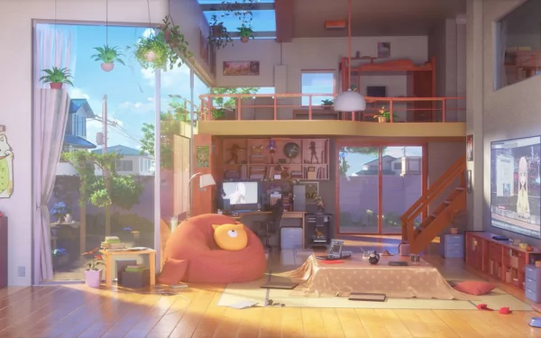 HD desktop wallpaper of a vibrant anime-styled living room with sunlight streaming in, featuring cozy furnishings and an open loft design.