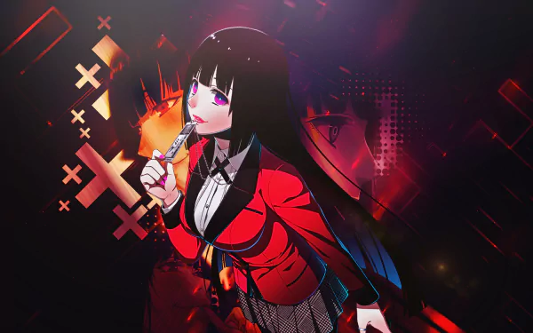 HD desktop wallpaper featuring Yumeko Jabami from the anime Kakegurui, depicted with a mysterious smile in a dynamic, red and black themed background.