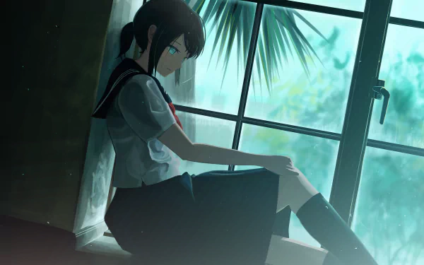 HD anime wallpaper featuring an original illustration of a schoolgirl sitting by a window, lost in thought, with a serene outdoor scene in the background.