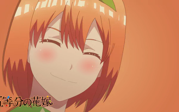 HD PC desktop wallpaper of Yotsuba Nakano from the anime The Quintessential Quintuplets, featuring a close-up of her smiling face with a warm, orange background.