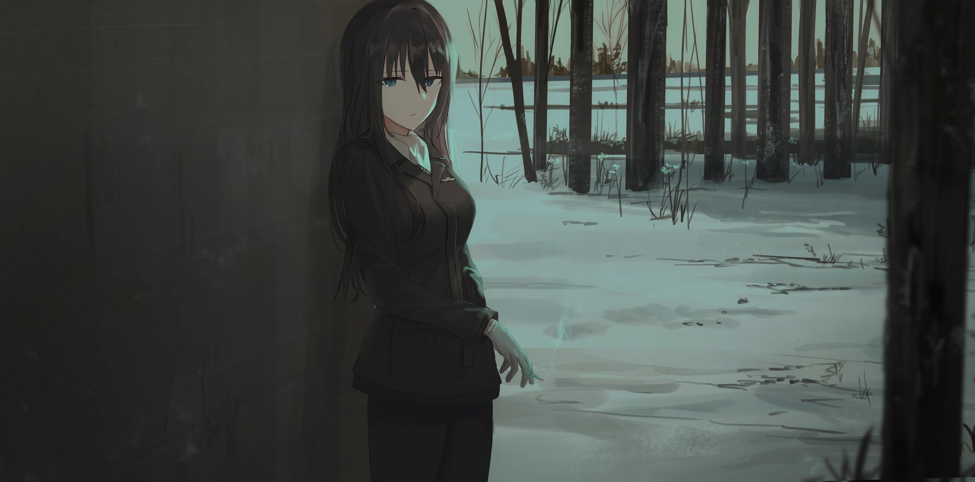 Elizabeth F. Beurling from Strike Witches stands smoking beside a tree in a snowy forest, depicted in an HD anime-style desktop wallpaper.