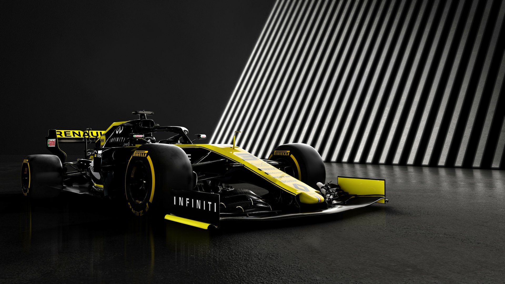 Yellow Renault R.S.19 F1 car showcased in a 4K Ultra HD desktop wallpaper with striking black and white striped background.