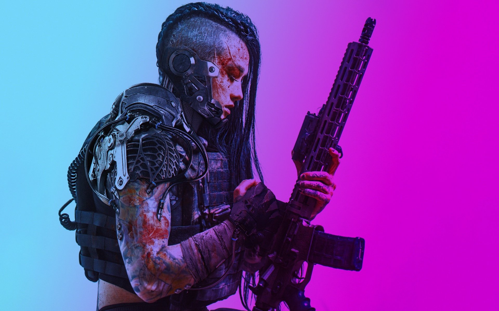 Download Cyberpunk Tattoo Black Hair Assault Rifle Weapon Woman Warrior