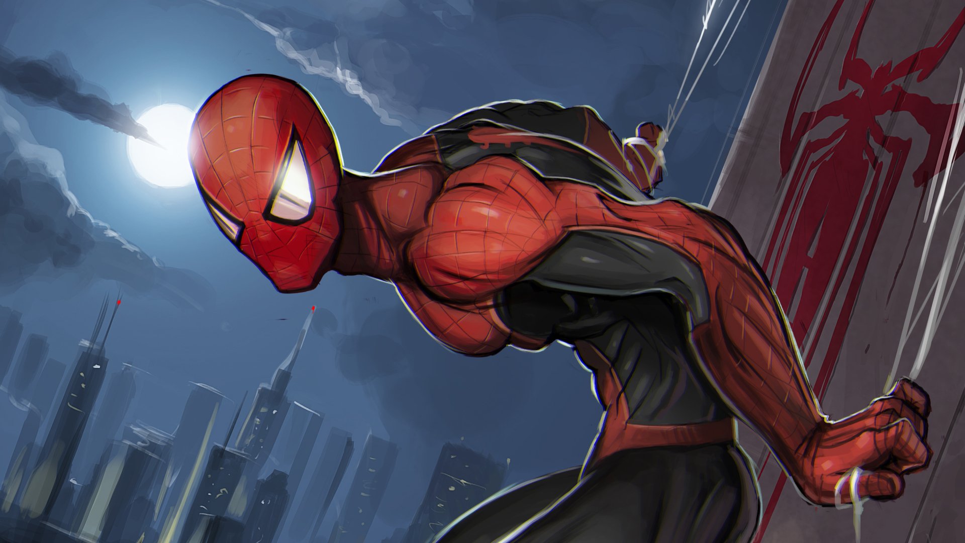 HD PC desktop wallpaper featuring Spider-Man in a dynamic pose against a nighttime cityscape, capturing the comic essence of Peter Parker’s iconic superhero character.
