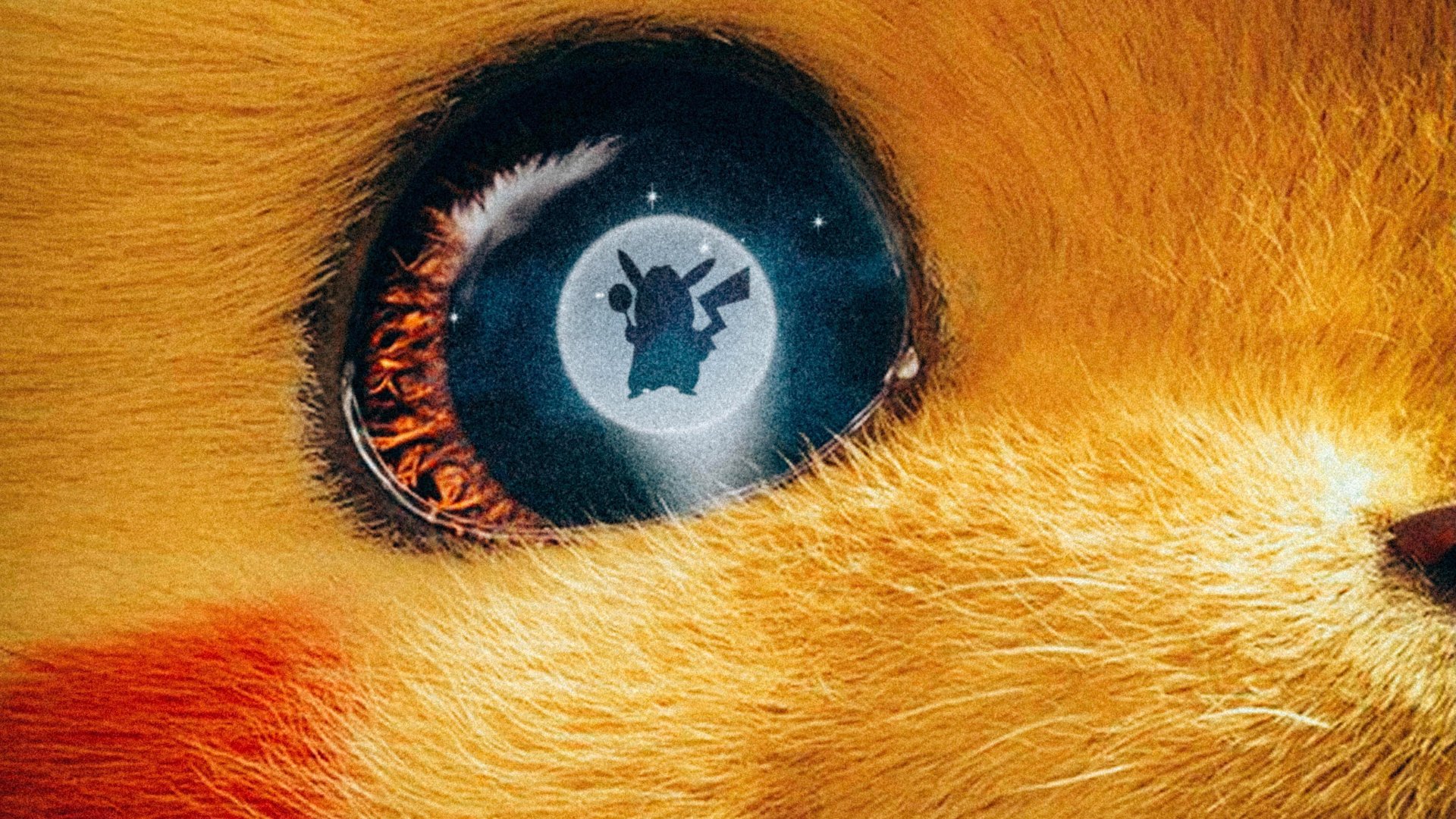 Close-up of Pikachu's eye reflecting the silhouette of Detective Pikachu from the Pokémon movie, rendered in 4K Ultra HD for PC desktop wallpaper and background.