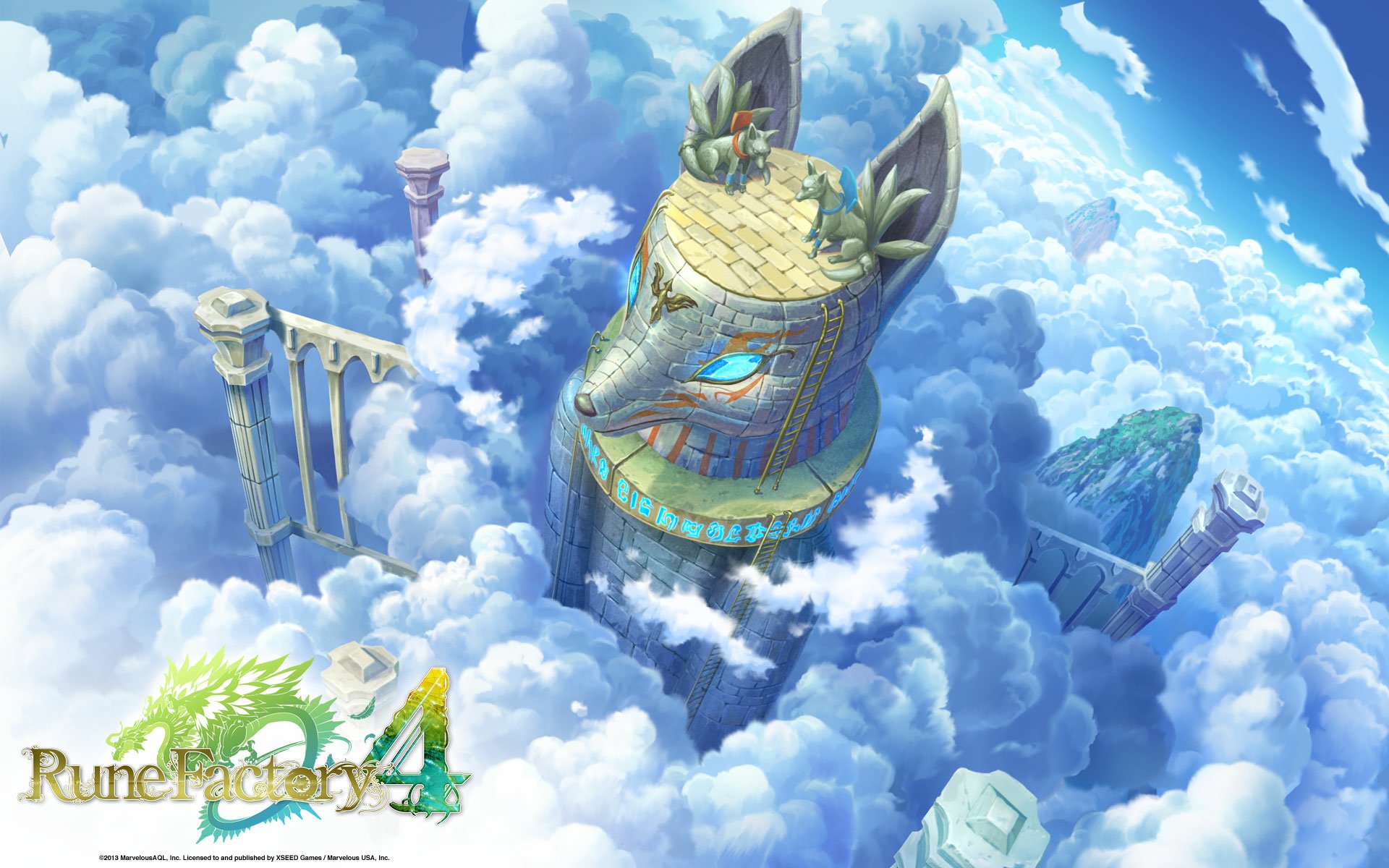 HD PC desktop wallpaper featuring a vibrant sky landscape with floating ruins and a large wolf statue, inspired by the video game Rune Factory 4.