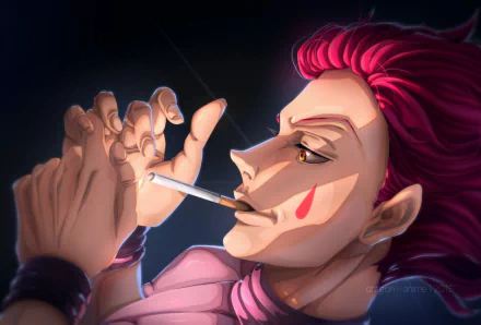 HD PC desktop wallpaper featuring Hisoka from the anime Hunter × Hunter, depicted lighting a cigarette with dramatic shading and vibrant colors.