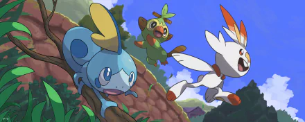HD PC desktop wallpaper featuring Sobble, Grookey, and Scorbunny from Pokémon: Sword and Shield in a bright, dynamic outdoor scene from the video game.