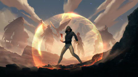 A hooded sorcerer stands on rocky terrain, conjuring a glowing magical shield under a dramatic sky, captured in a high-definition fantasy PC desktop wallpaper.