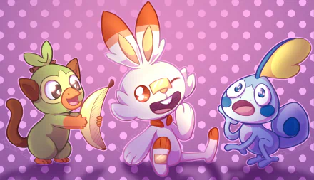 HD desktop wallpaper featuring Pokémon: Sword and Shield characters Grookey, Scorbunny, and Sobble in a playful, illustrated style on a dotted purple background.