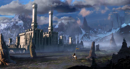HD fantasy PC desktop wallpaper depicting a majestic castle with tall towers set against a misty, mountainous landscape under a dramatic sky.