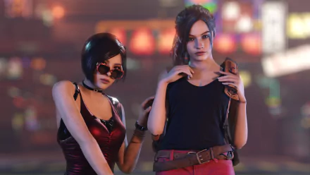 HD desktop wallpaper of Claire Redfield and Ada Wong from the video game Resident Evil 2 (2019). Both characters pose confidently against a vibrant, blurred cityscape background.