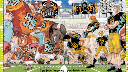 HD anime desktop wallpaper featuring One Piece characters dressed as football players on a vibrant stadium field during an intense game.