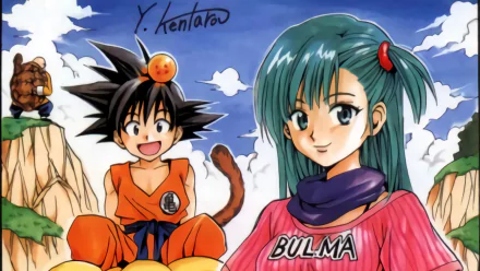 HD desktop wallpaper featuring anime characters Goku and Bulma from Dragon Ball against a bright blue sky with clouds.