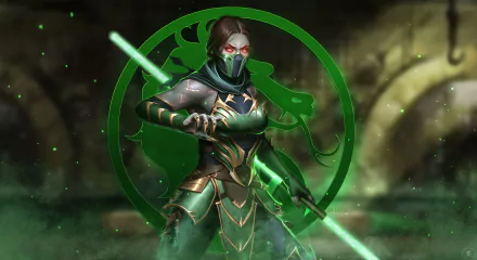 HD desktop wallpaper of Jade from Mortal Kombat 11, featuring her in battle-ready pose with glowing green weapons and the Mortal Kombat emblem in the background.