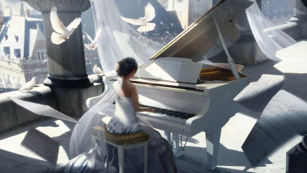 A woman in a flowing white dress plays a grand piano surrounded by fluttering doves and floating sheet music in this artistic 4K Ultra HD wallpaper.