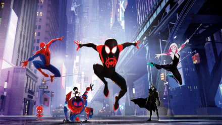 HD desktop wallpaper featuring Spider-Man Noir, Peni Parker, Spider-Ham, Spider-Gwen, and Miles Morales from the movie Spider-Man: Into The Spider-Verse, all striking dynamic poses in a cityscape backdrop.