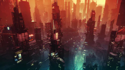 4K Ultra HD PC desktop wallpaper featuring a futuristic cityscape from the video game Star Citizen, bathed in red and teal lighting with towering skyscrapers.