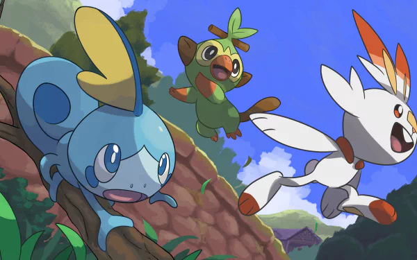 HD PC desktop wallpaper featuring Sobble, Grookey, and Scorbunny from Pokémon: Sword and Shield in a bright, dynamic outdoor scene from the video game.