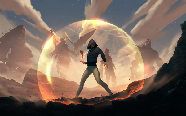 A hooded sorcerer stands on rocky terrain, conjuring a glowing magical shield under a dramatic sky, captured in a high-definition fantasy PC desktop wallpaper.