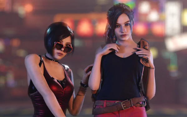 HD desktop wallpaper of Claire Redfield and Ada Wong from the video game Resident Evil 2 (2019). Both characters pose confidently against a vibrant, blurred cityscape background.