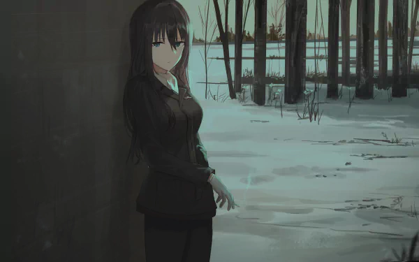 Elizabeth F. Beurling from Strike Witches stands smoking beside a tree in a snowy forest, depicted in an HD anime-style desktop wallpaper.