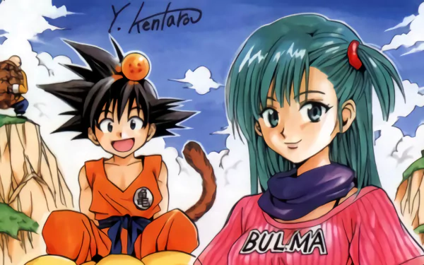 HD desktop wallpaper featuring anime characters Goku and Bulma from Dragon Ball against a bright blue sky with clouds.