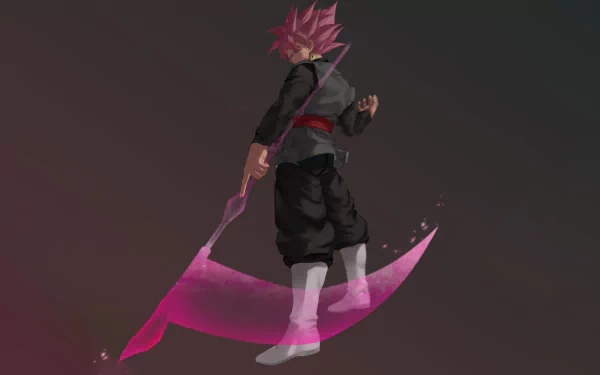 Black Goku (Dragon Ball Super) with rose-pink hair and a curved pink energy blade against a dark gradient — 5K Ultra HD PC desktop wallpaper & background.