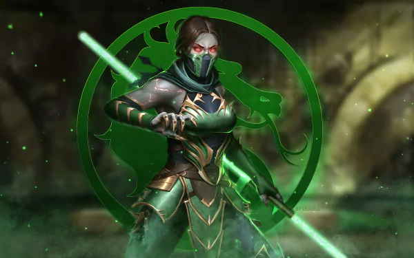 HD desktop wallpaper of Jade from Mortal Kombat 11, featuring her in battle-ready pose with glowing green weapons and the Mortal Kombat emblem in the background.
