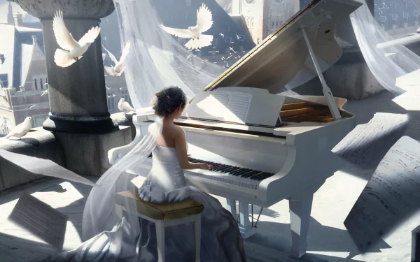 A woman in a flowing white dress plays a grand piano surrounded by fluttering doves and floating sheet music in this artistic 4K Ultra HD wallpaper.