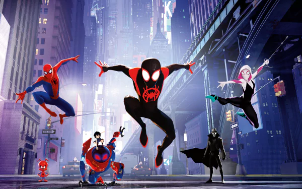 HD desktop wallpaper featuring Spider-Man Noir, Peni Parker, Spider-Ham, Spider-Gwen, and Miles Morales from the movie Spider-Man: Into The Spider-Verse, all striking dynamic poses in a cityscape backdrop.