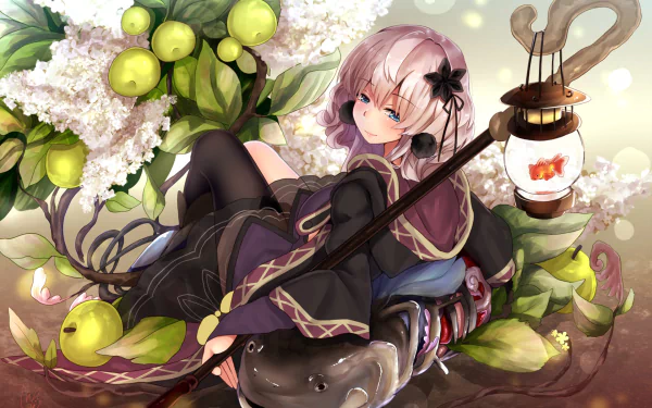 HD desktop wallpaper featuring an anime girl with pink hair and blue eyes, holding a staff with a lantern containing a fish. She is surrounded by lush greenery and large fruits.