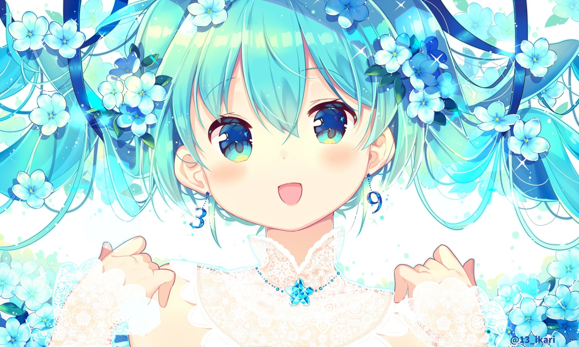 HD anime desktop wallpaper featuring Hatsune Miku from Vocaloid with bright blue hair adorned with flowers and a cheerful expression.