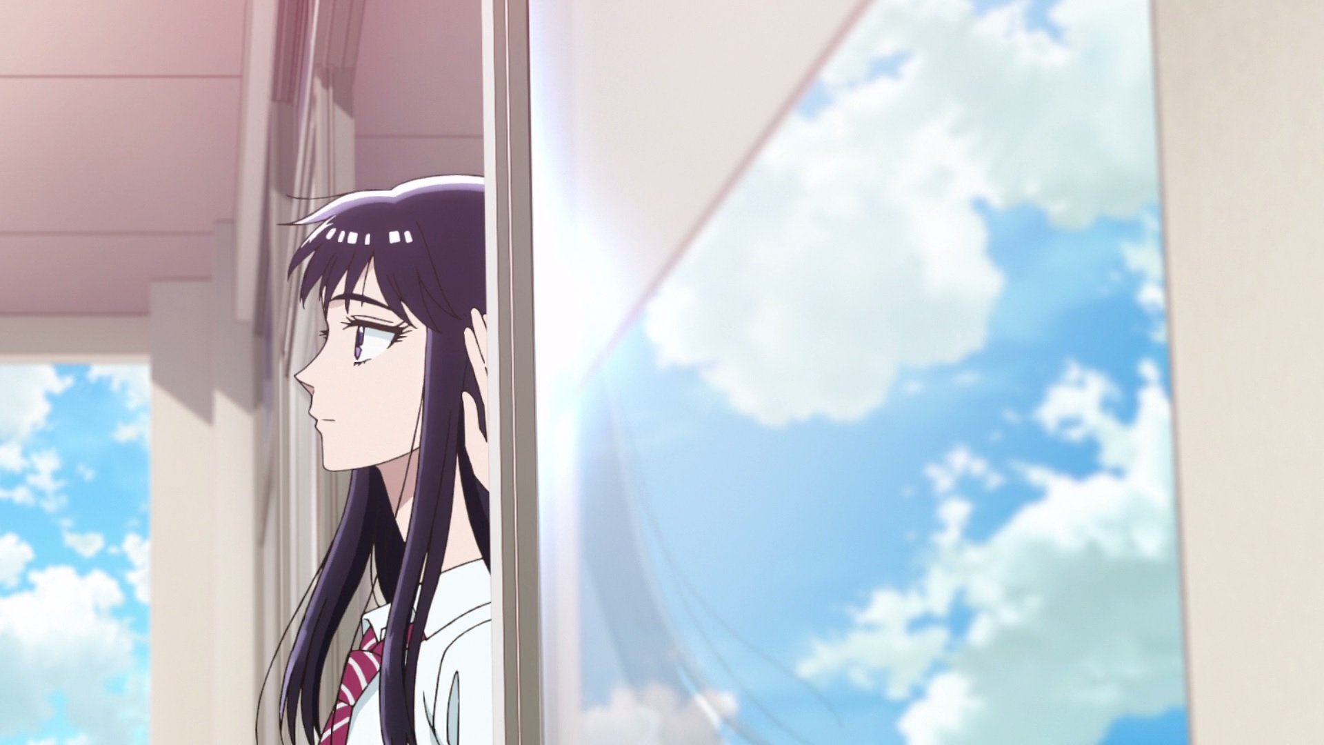 Akira Tachibana from the anime After the Rain stands pensively by a window, with a clear blue sky and clouds reflected outside in this HD PC desktop wallpaper.