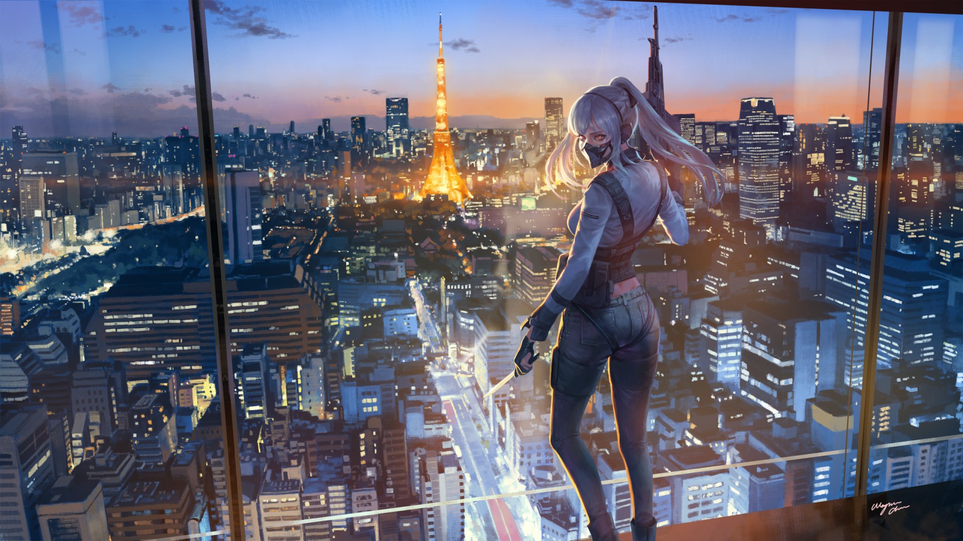 A woman holding a knife stands in front of a large window overlooking a futuristic cityscape at sunset. The image, tagged with city, knife, fantasy, and woman, serves as a HD desktop wallpaper background.