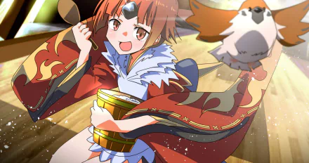 HD PC desktop wallpaper featuring Beni-enma from Fate/Grand Order in vibrant anime style, accompanied by a small bird, showcasing dynamic colors and detailed design.